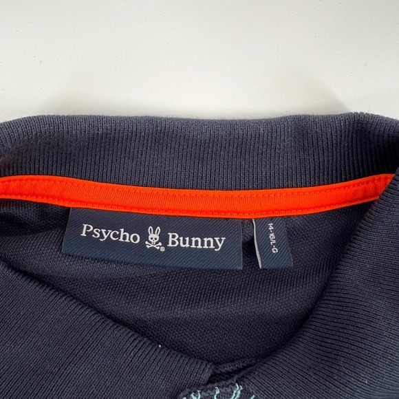 Psycho Bunny Boys All Over Logo Print Polo Shirt Navy Blue Size 14-16 Large - Picture 6 of 6